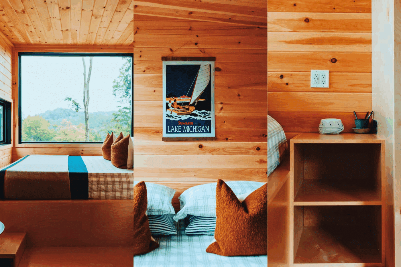 sleeping area of Peak Nook Studio tiny home in Bellaire Michigan retreat north cabin 2