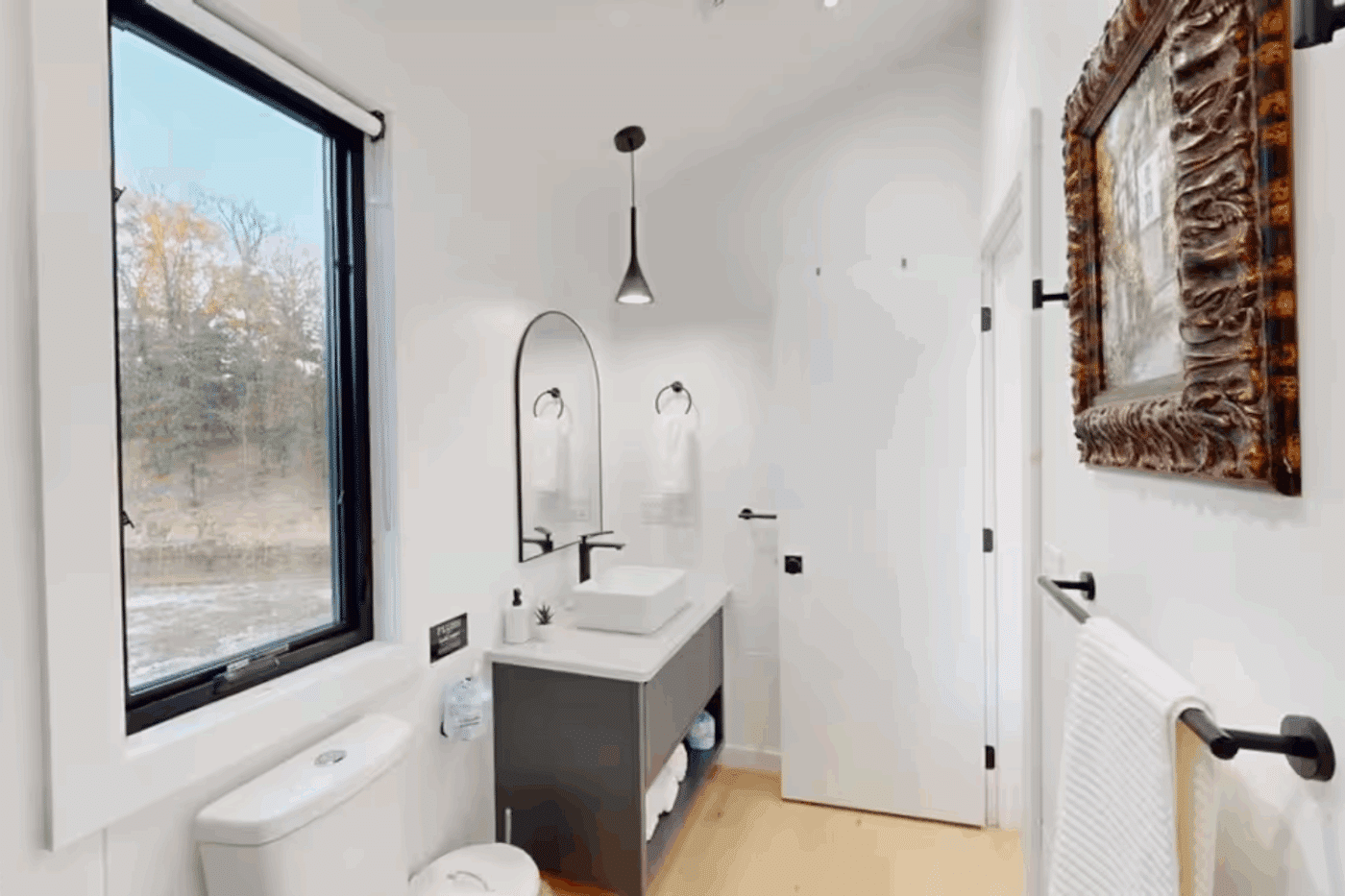 bathroom of A Frame park model tiny home in Broken Bow Oklahoma