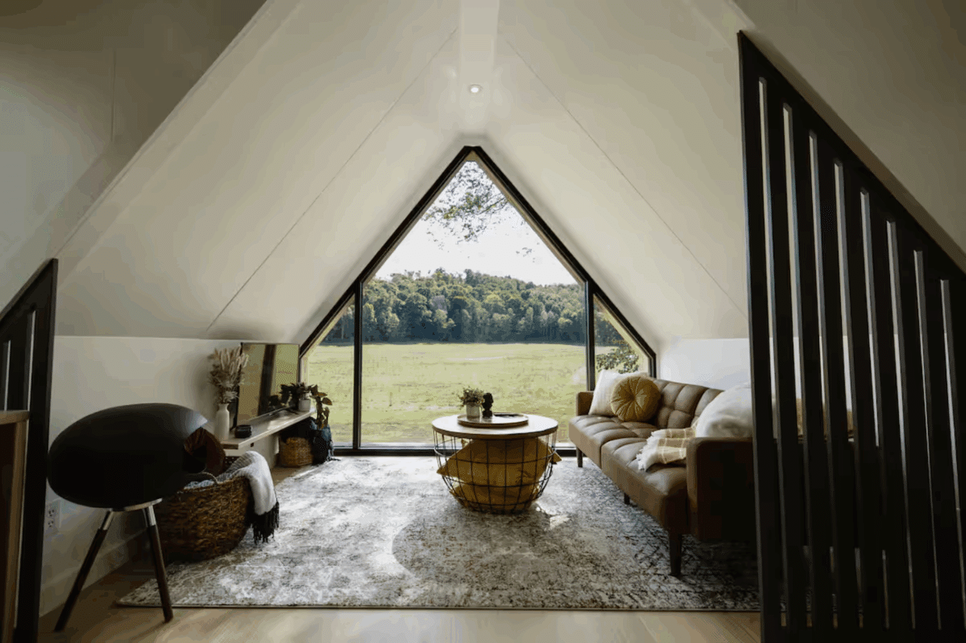 cozy sitting nook in A Frame park model build by zook cabins in Logan Ohio