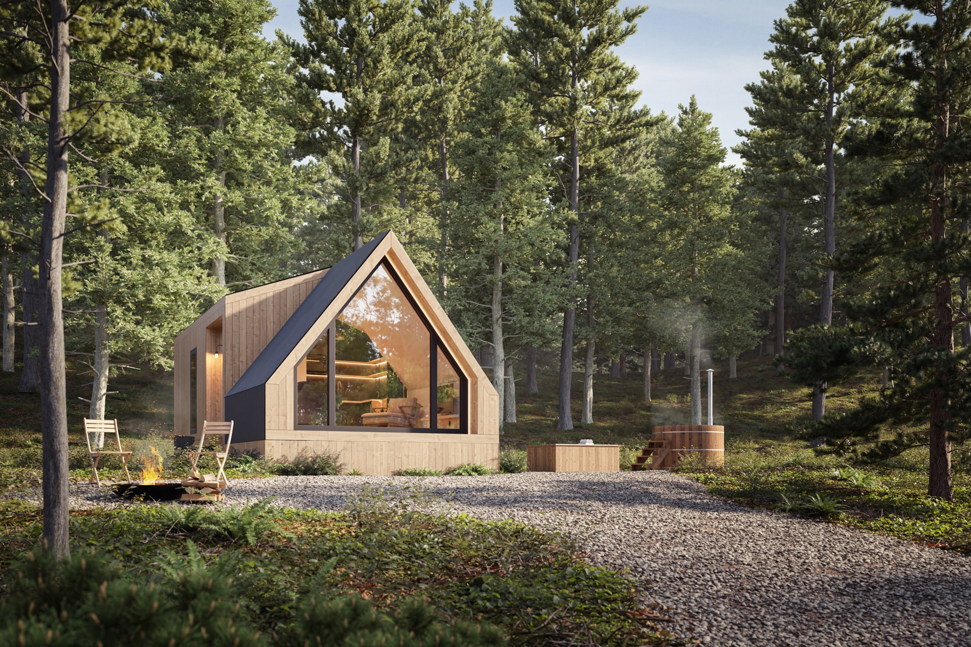 Scenic A-frame tiny home nestled in a tranquil forest, featuring a large triangular window that provides a view of the cozy, wood-accented interior. The exterior includes a small gravel area with a fire pit surrounded by wooden chairs and a wooden hot tub emitting steam, blending modern comfort with nature's serenity