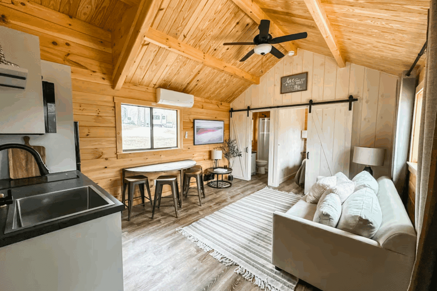 Pinecrest park model living and dining room in Harrison Arkansas built and designed by Psy Homes