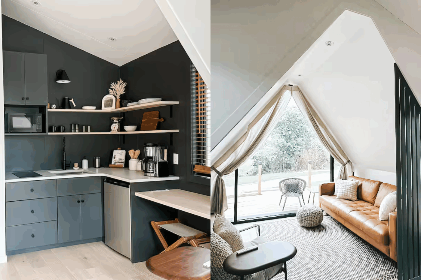 Kitchen and sitting area in A Frame park model tiny home built and designed by Psy Homes