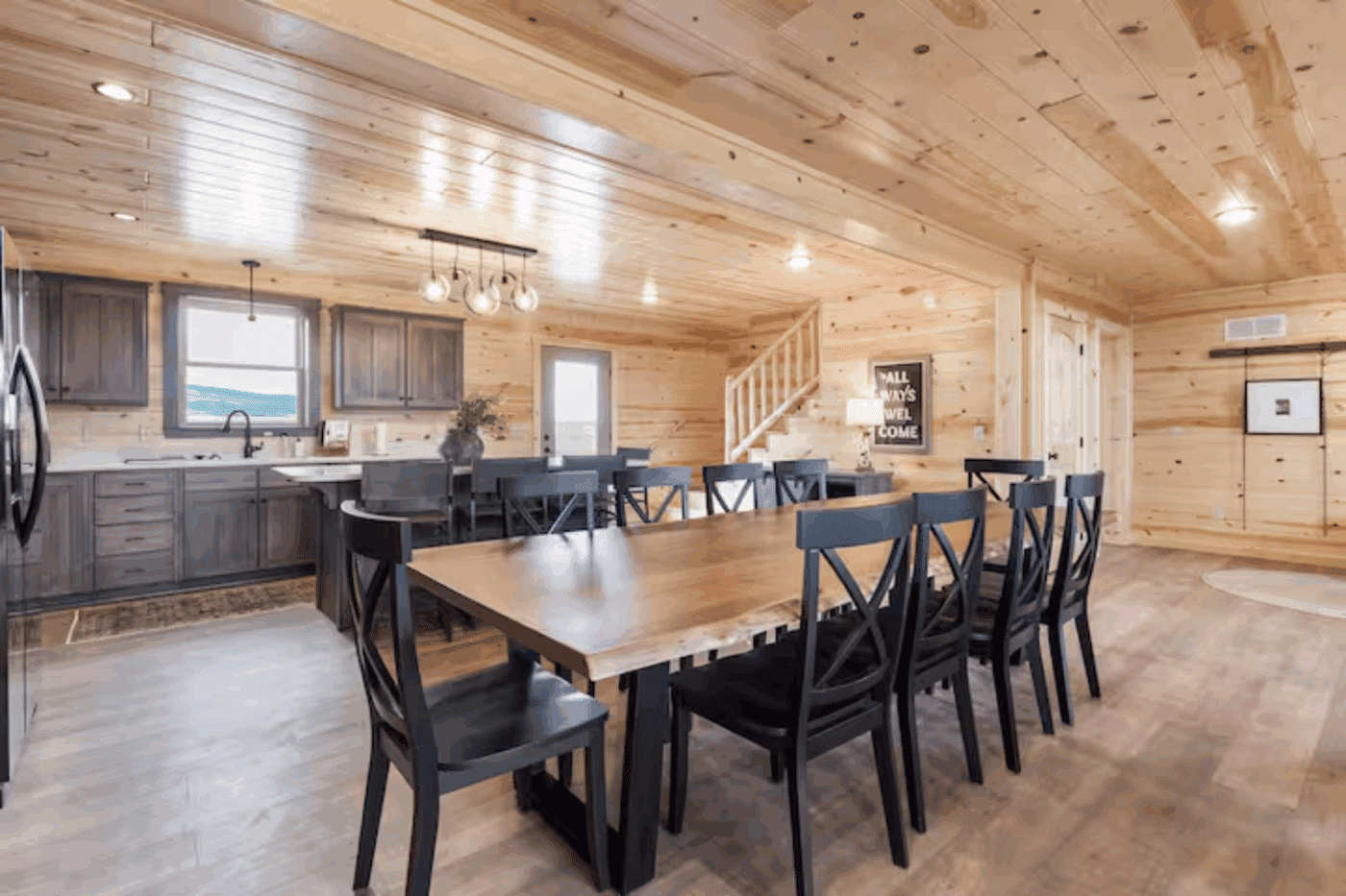 Large kitchen in canyon lodge log modular cabin built by Zook cabins and delivered to Driggs Idaho