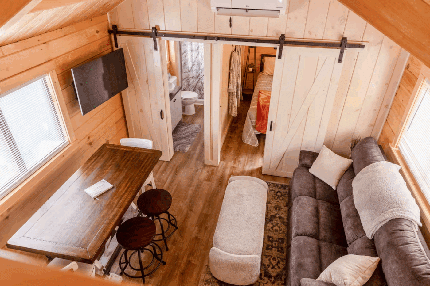 Common area of Pinecrest park model tiny home in glen mills pa built and designed by Psy Homes with Mini Split