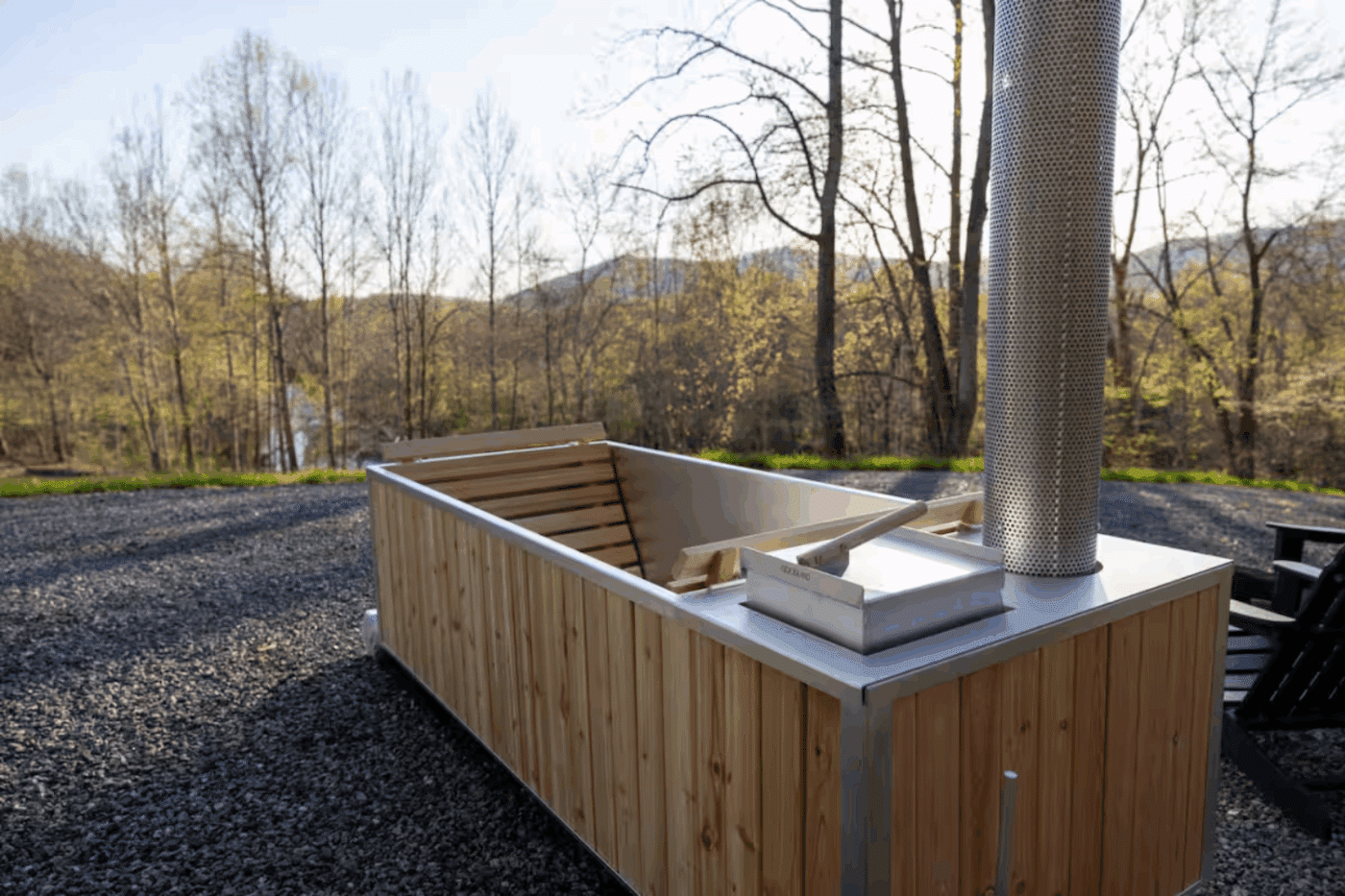 Outdoor hospitality area of Alpine 3 park model tiny home in Madison VA