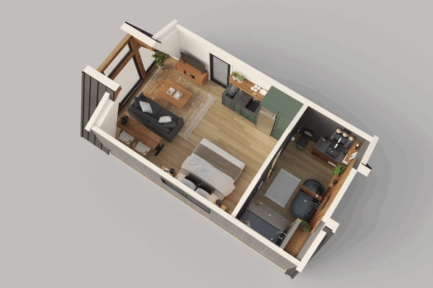 Doll house renderings of A Frame cottage built by Zook Built and designed by Psy Homes
