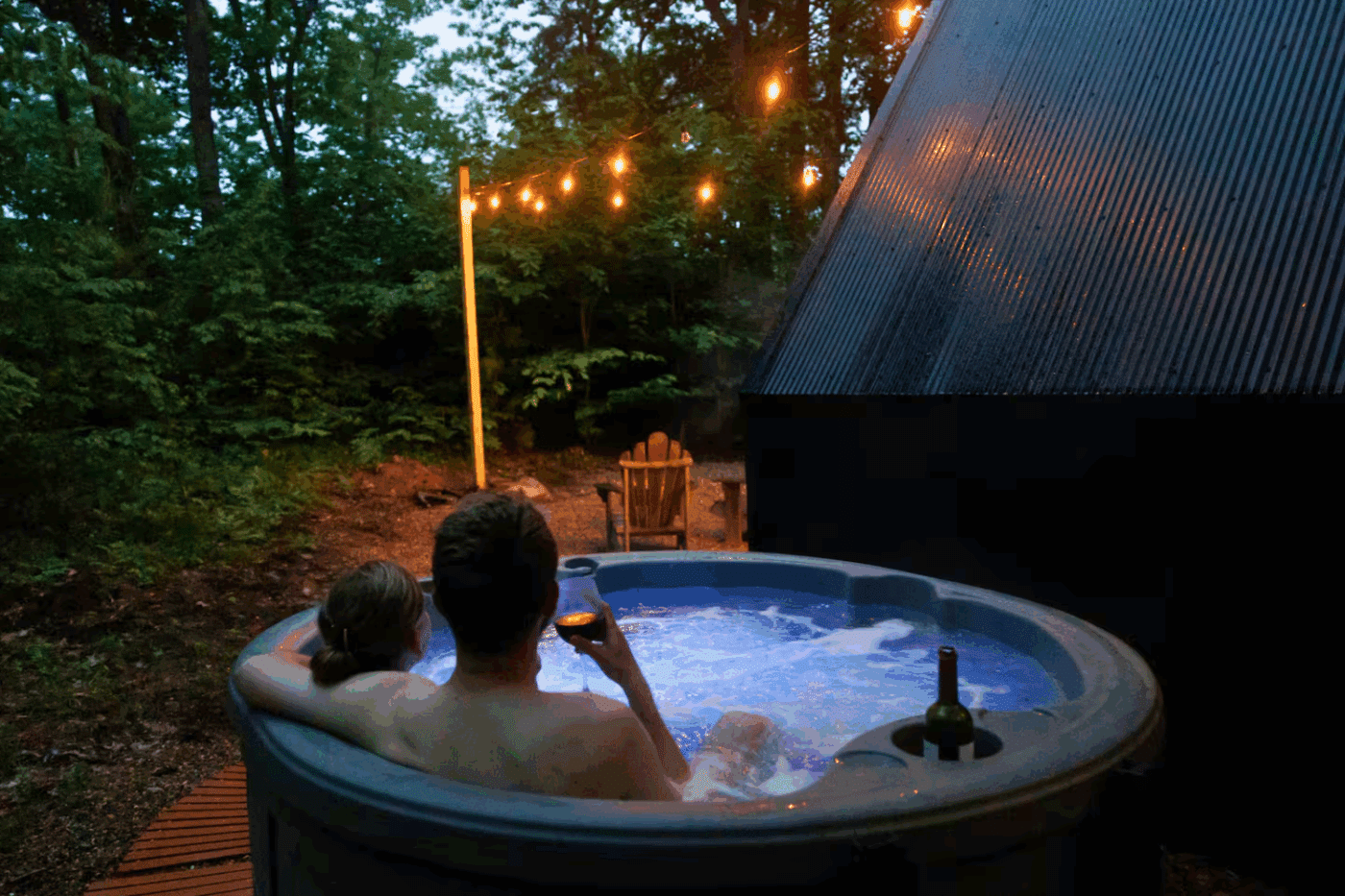Outdoor hospitality area of A frame park model tiny homes in South Berwick Maine