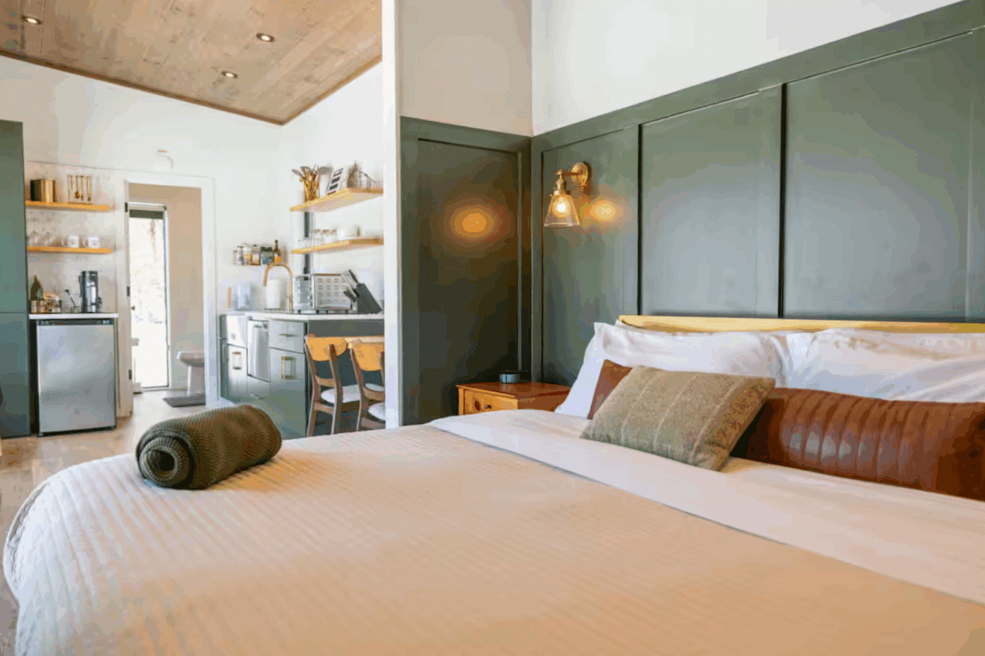 bedroom of custom built Alpine park model 2 tiny home in Madison Virginia