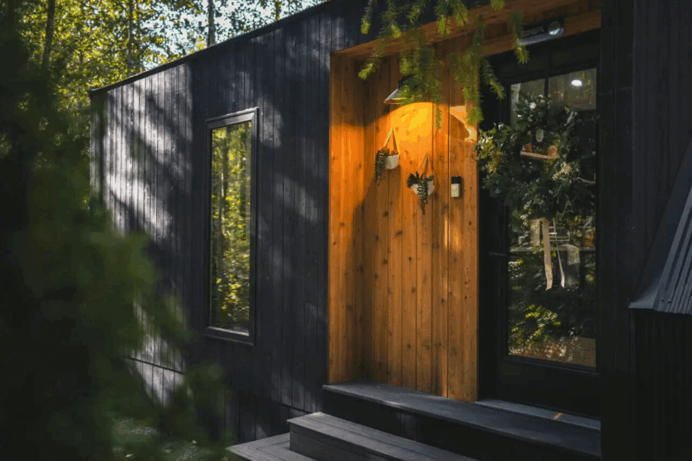 A Frame park model tiny home entrance built by zook cabins in Skykomish Washington