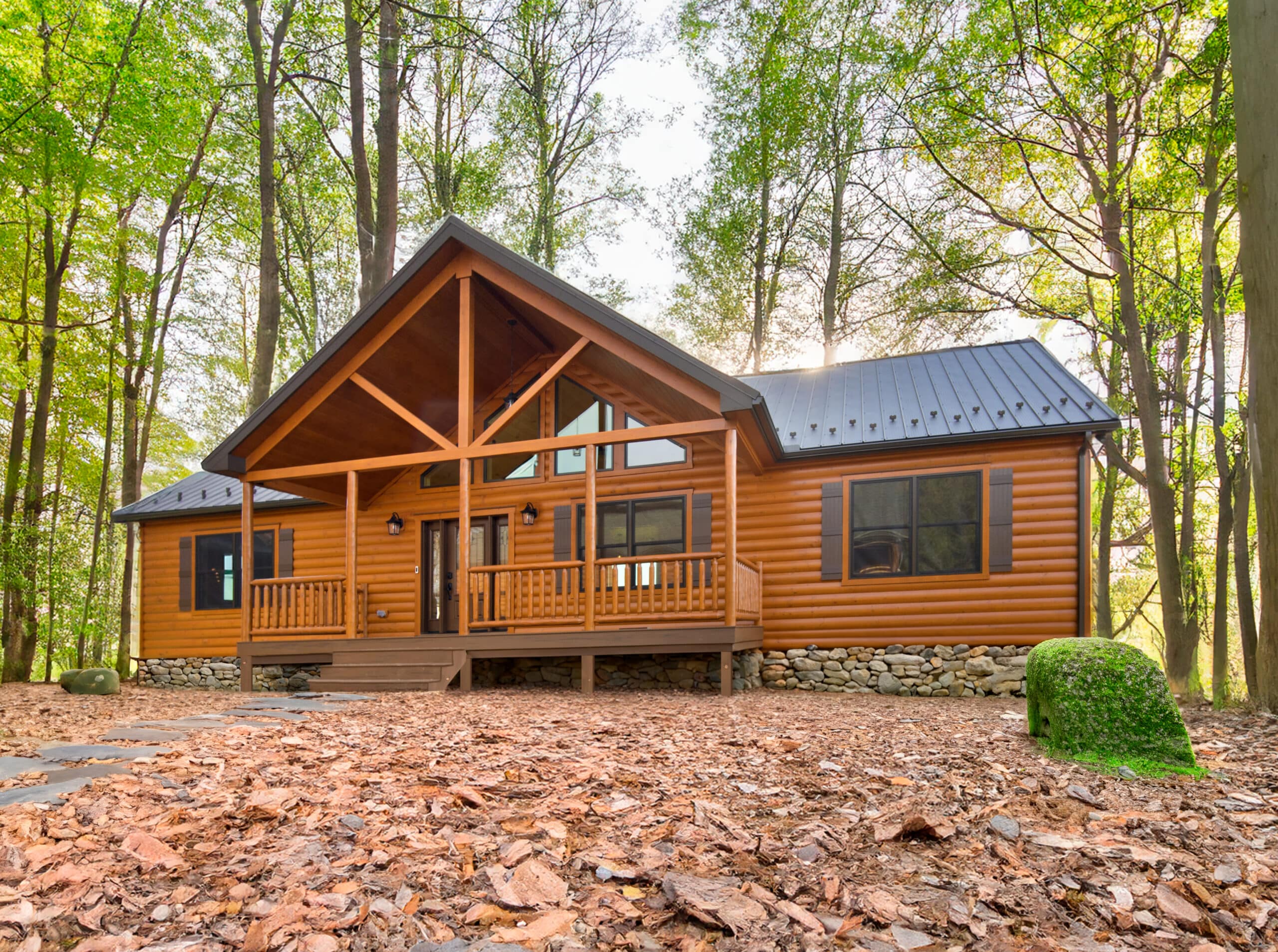 Alpine log cabin with stone foundation, front porch, and wooded setting in Virginia.