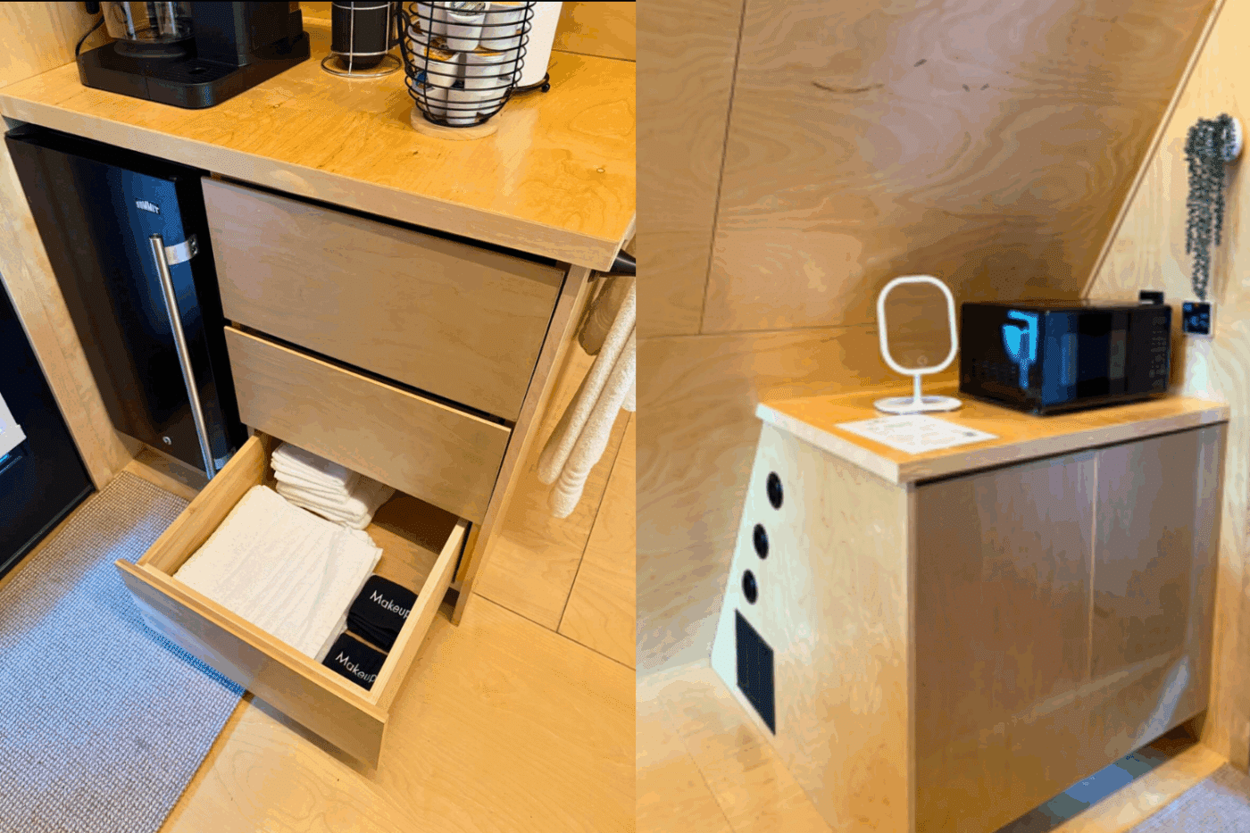 kitchenette area of Vista glamping pod at site 32 greene hills family amd resort campground in Alexandria Pa