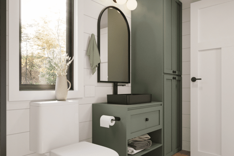 custom bathroom in a frame adu designed by zook cabins