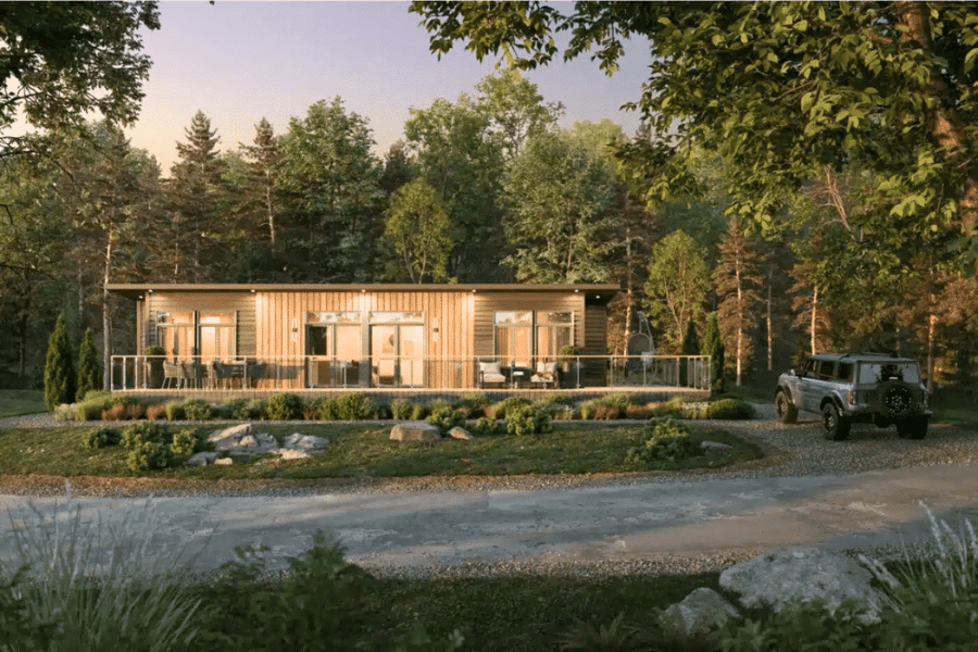 Sonoma ADU with different colored middle paneling in woods lit up at sunset