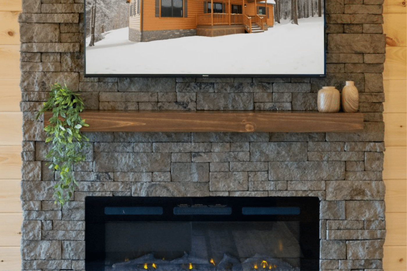 linear fireplace with stone