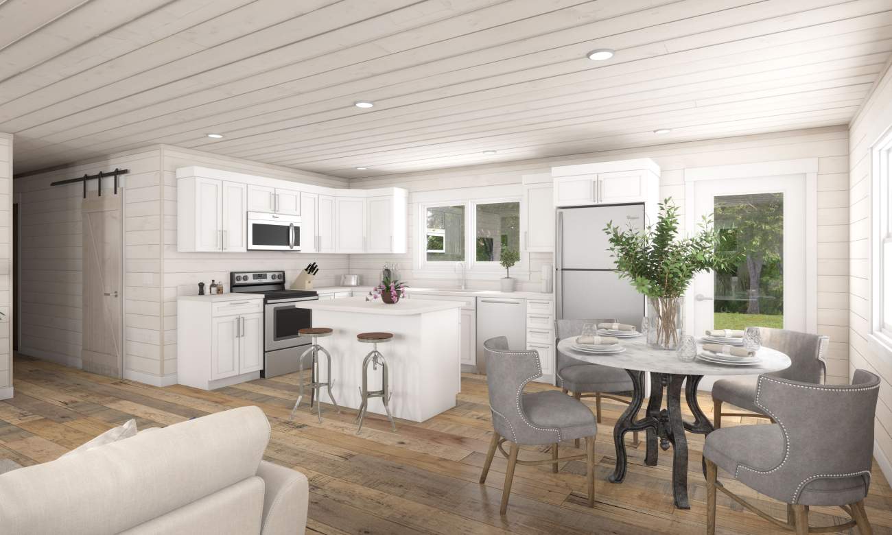 Modern Cabin Kitchen and Living Room Area