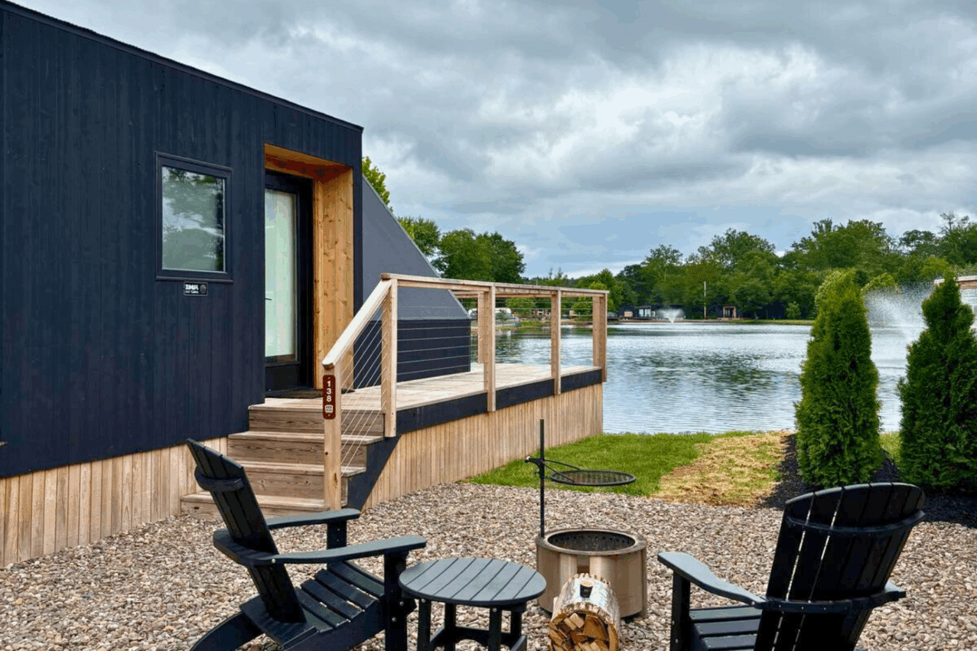 Outdoor Hospitality area of Psy Homes A frame studio park model tiny home 137 at Red Run Resort in New Holland Pa