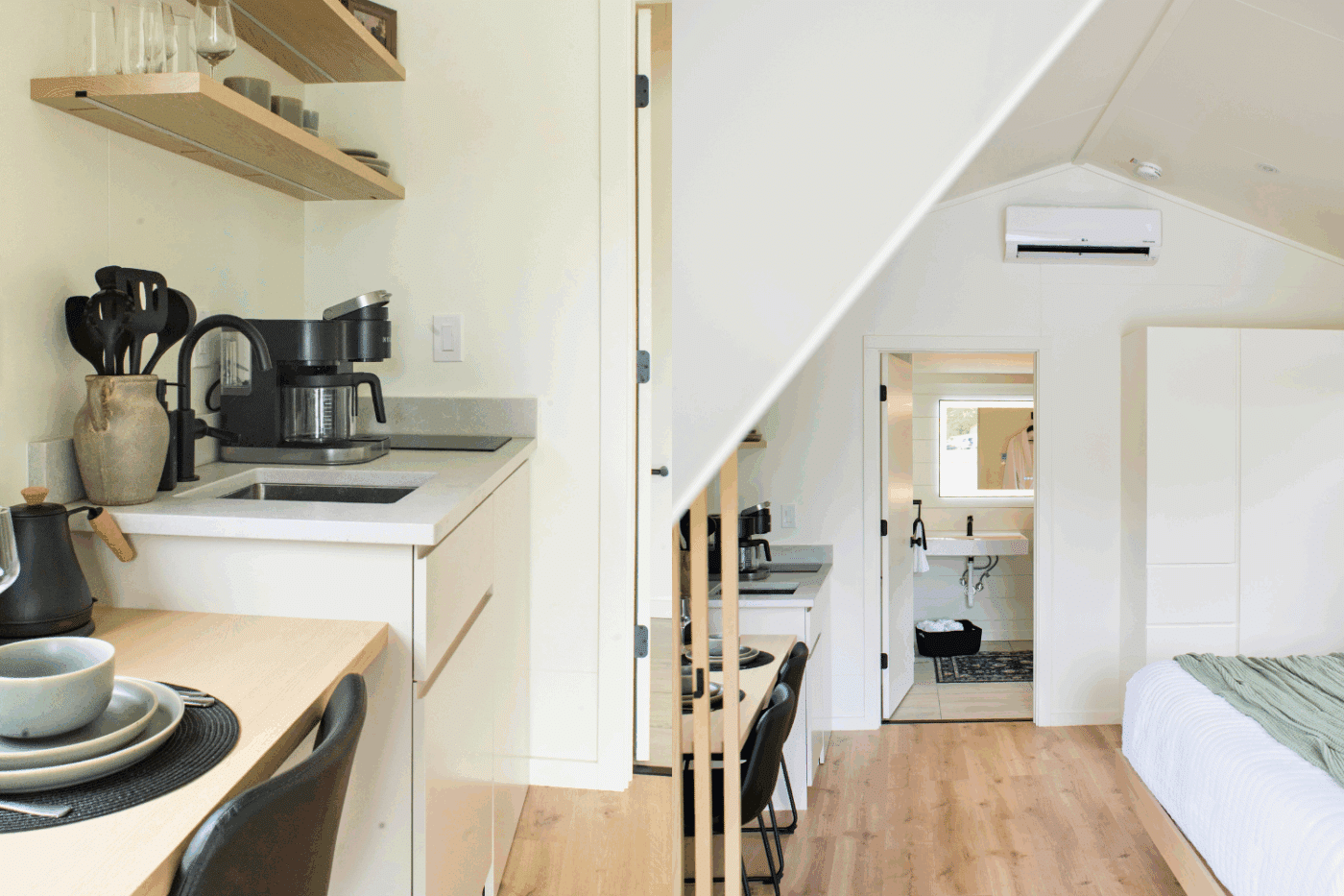 kitchen area in ADA compliant A frame studio park model tiny home