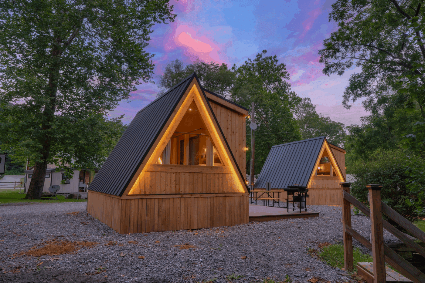 Custom built A frame pod at site 30 with evening glow lights on