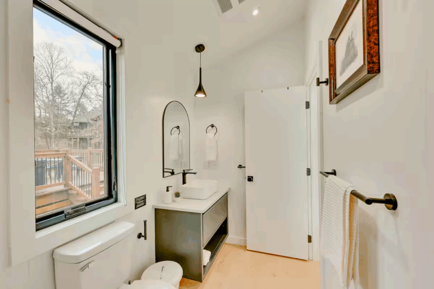 Bathroom of A Frame park model tiny home in Broken Bow OK