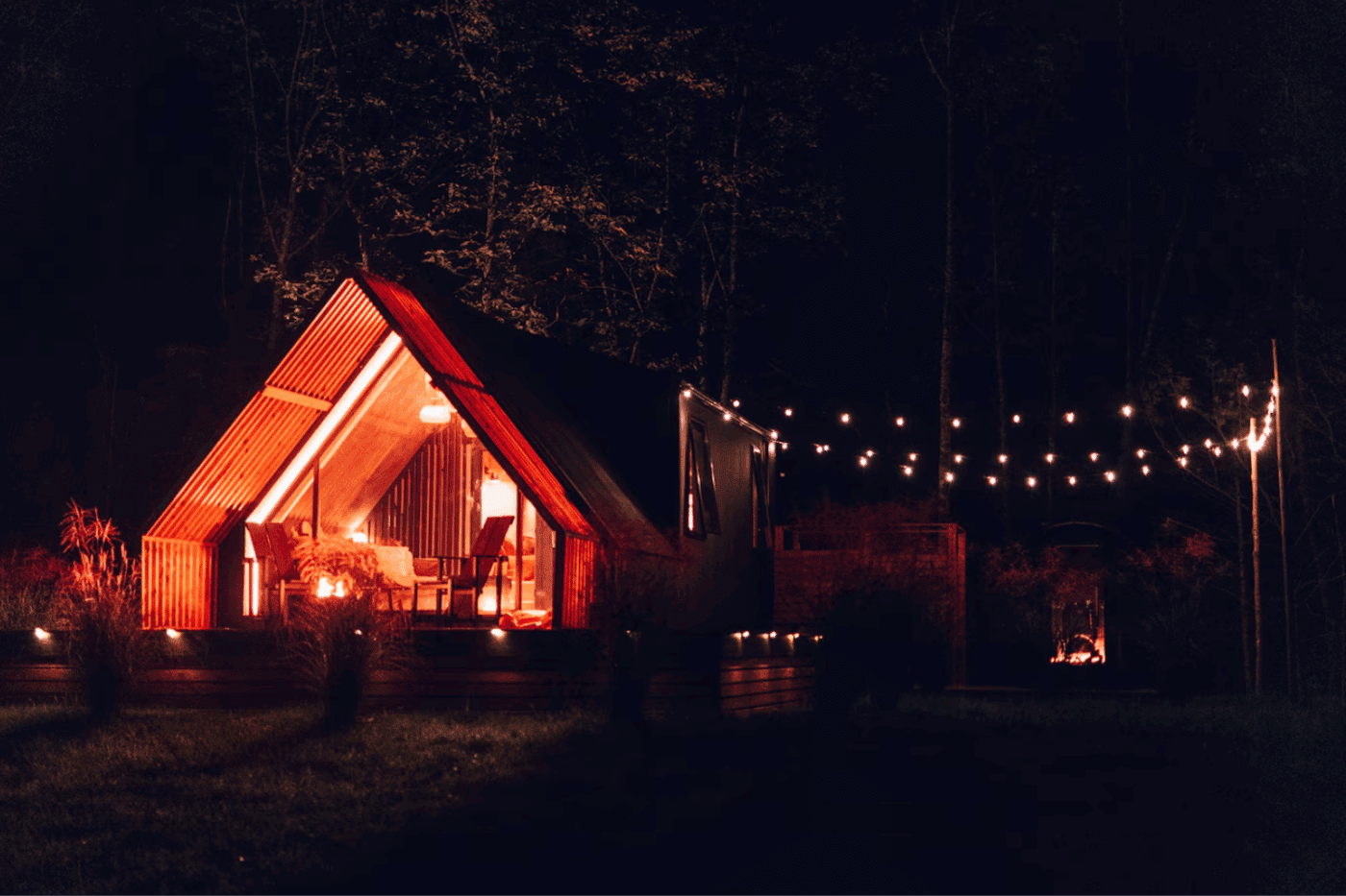 A Frame Park Model Tiny Home In Saugerties NY at night
