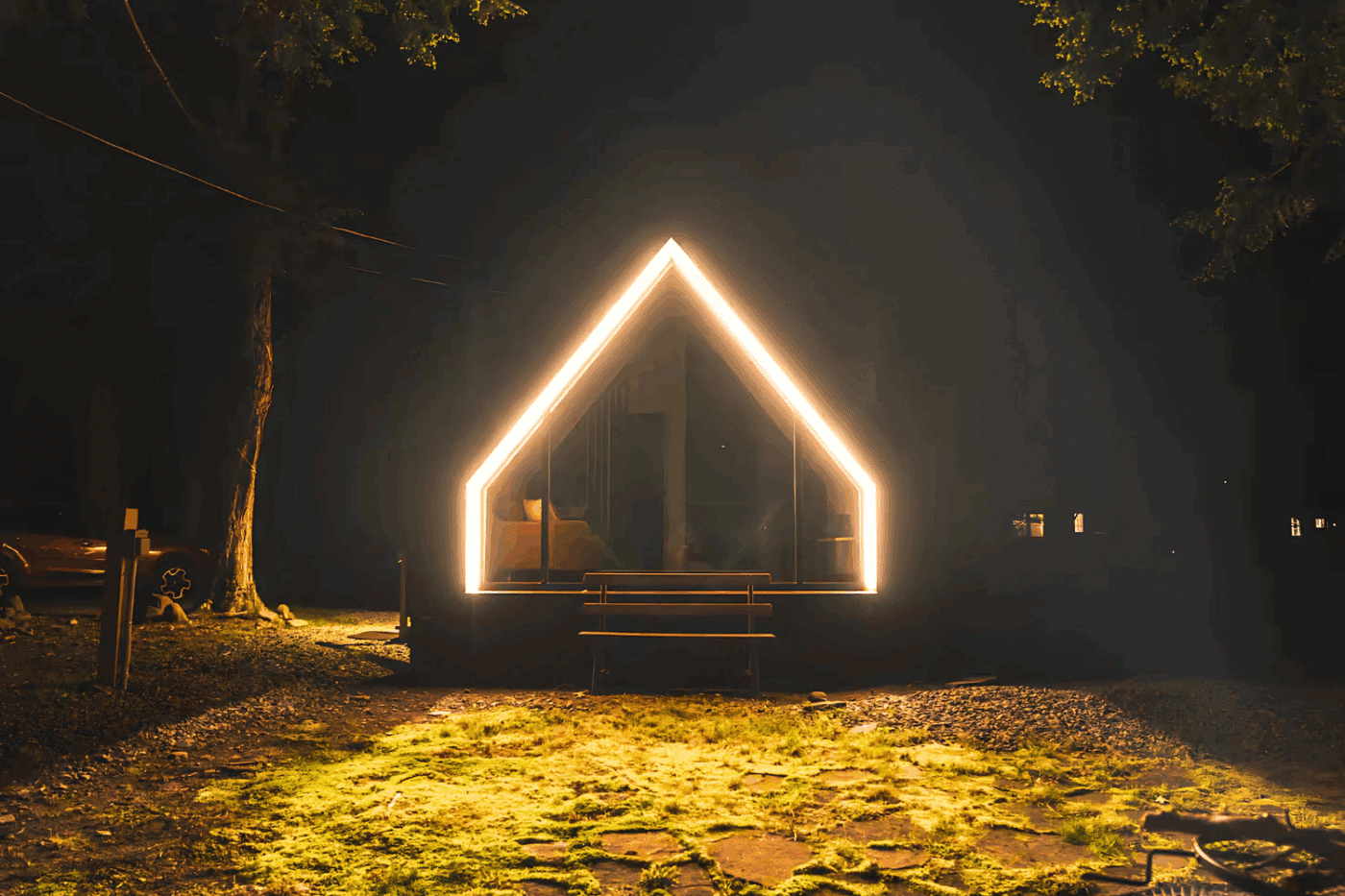 A Frame in Catskill Creek at night built by Psy Homes