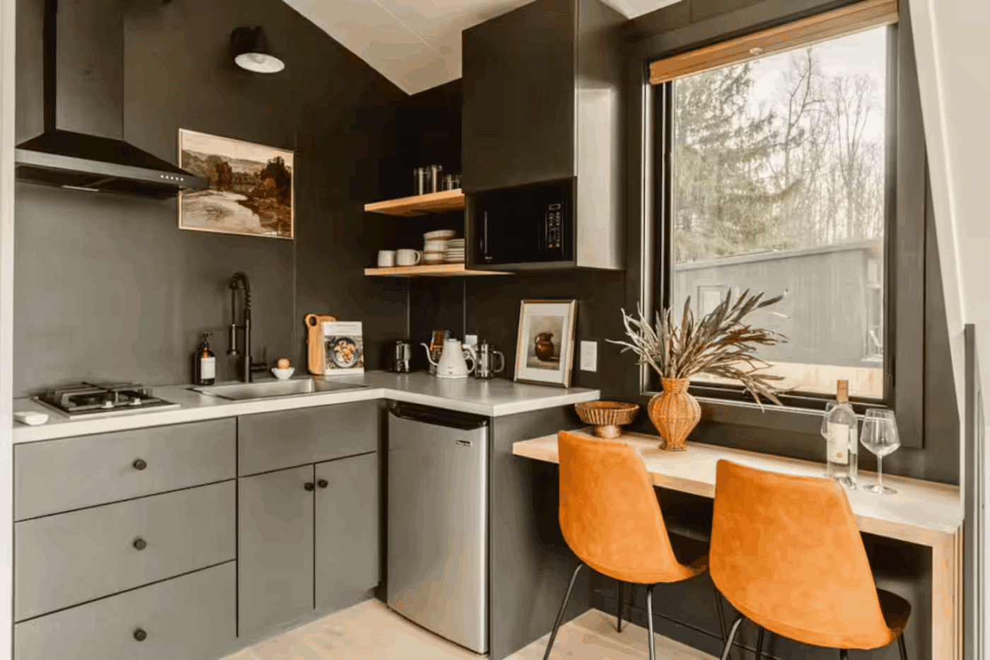 kitchen of zook cabins A Frame park model tiny home in Gap Pa