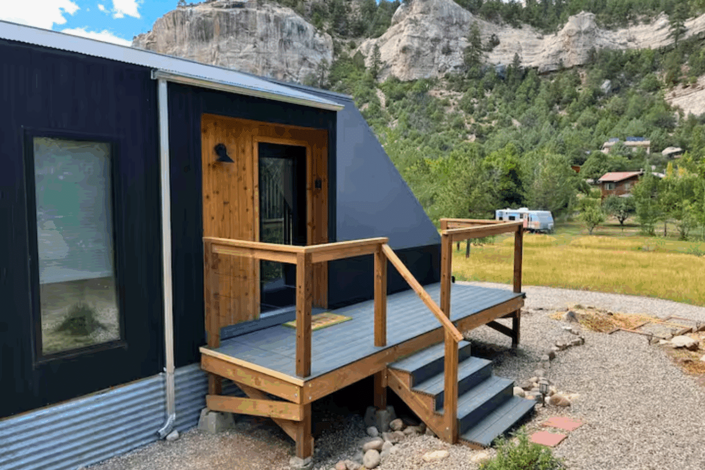 Zook cabins A frame park model tiny home entrance in Durango CO