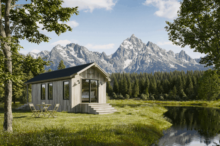 Sliding glass door on Yukon park model tiny home built and designed by Psy Homes