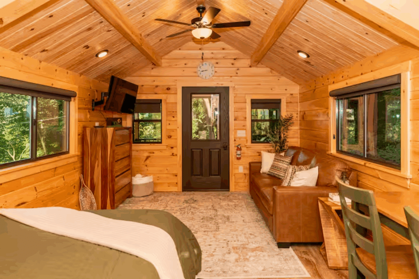 Log Studio Park model tiny home livingroom area in Jame Creek PA studio 1
