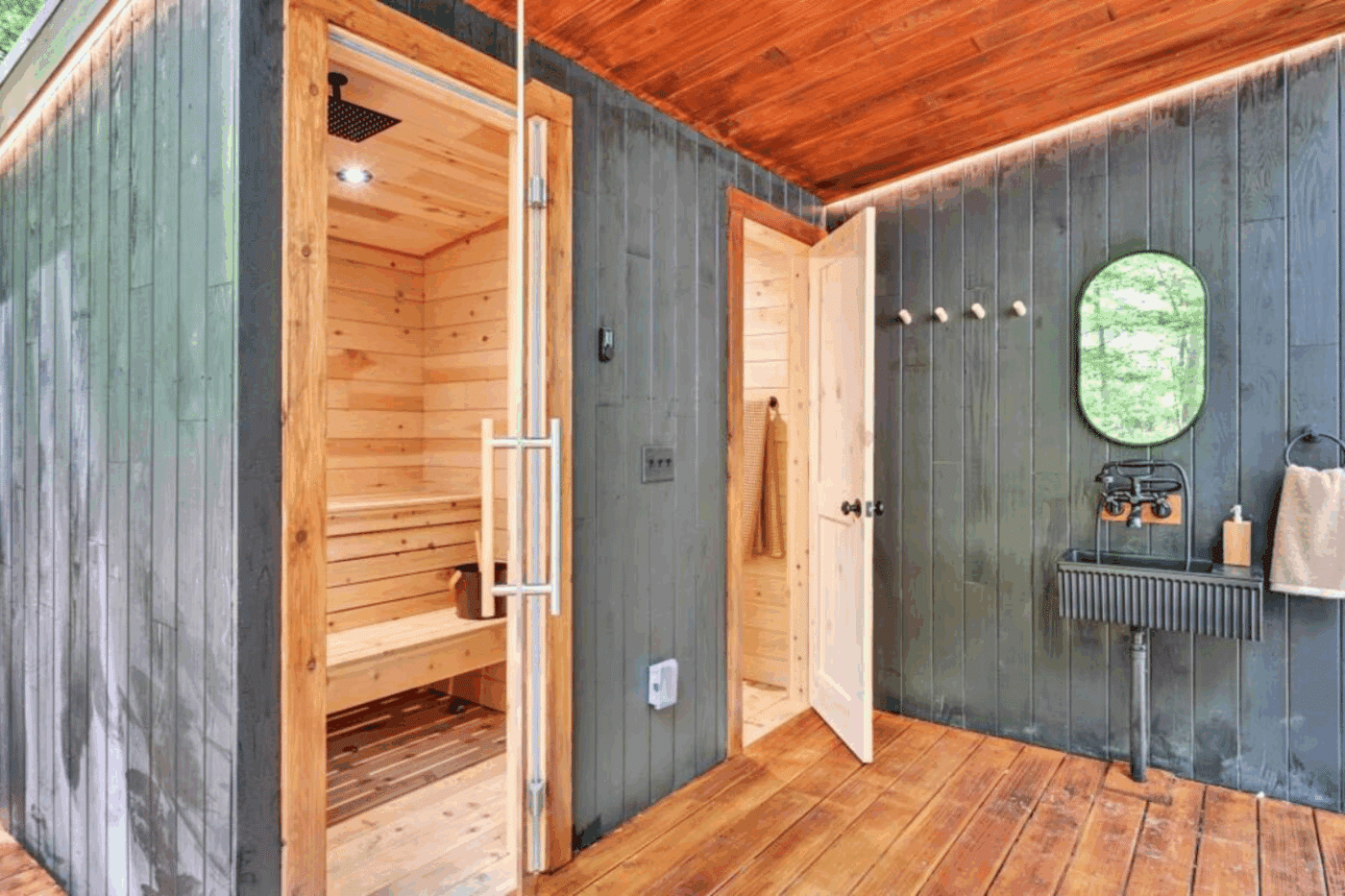 Sauna and bathroom of vista porch glamping pod set up in Atglen PA built and designed by Psy Homes