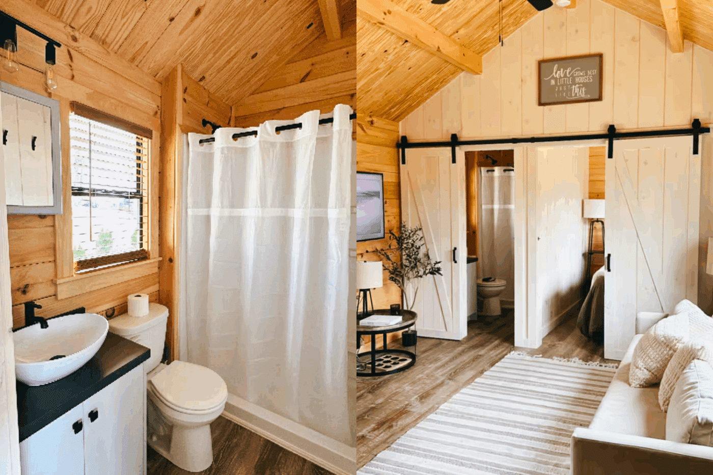 Bathroom and second bedroom in park model tiny home in Psy Homes Pinecrest in Harrison Arkansas