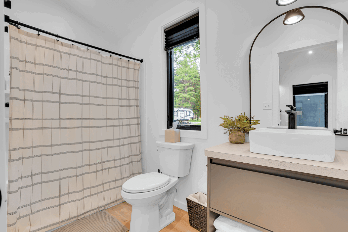 Bathroom of A frame park model tiny home built and designed by zook cabins Alexandria Pa