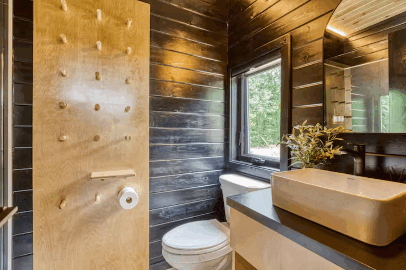bathroom of peak finished of Nook Family park model tiny home in the Smoky Mountains