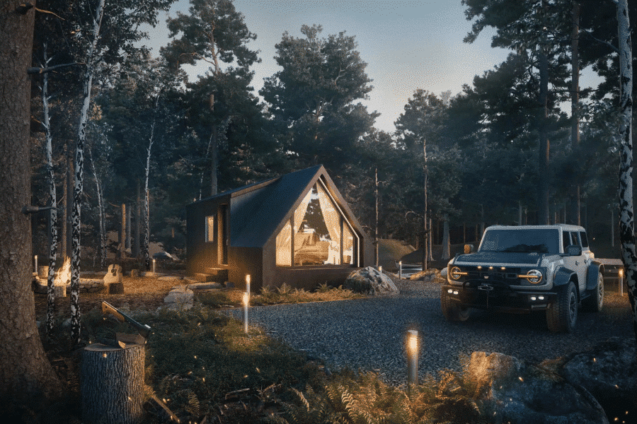 a frame park model tiny home in woods