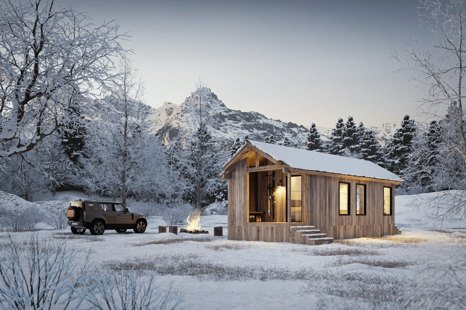 Yukon park model tiny home with rustic wood siding, SUV parked nearby, and fire pit glowing in snowy mountains.