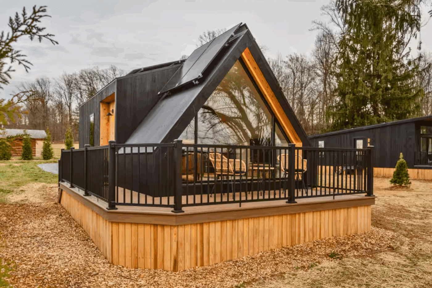 A Frame park model tiny home with solar panel built and designed by Psy Homes