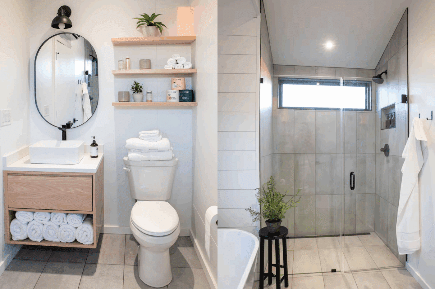 A frame studio in Memphis MO with shower and toilet and vanity area built and designed by Psy Homes