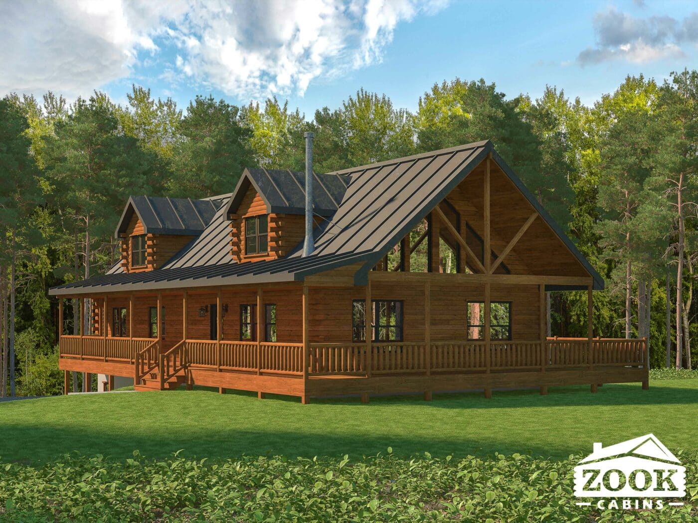 log cabin home with a porch and dormer windows