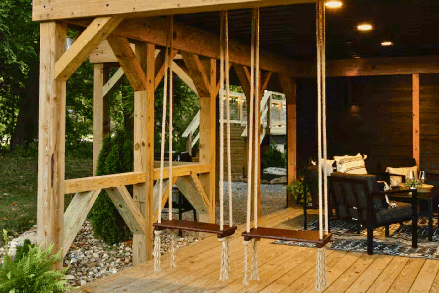 outdoor hosipitality area of Zook cabins A Frame tiny home in Logan Ohio