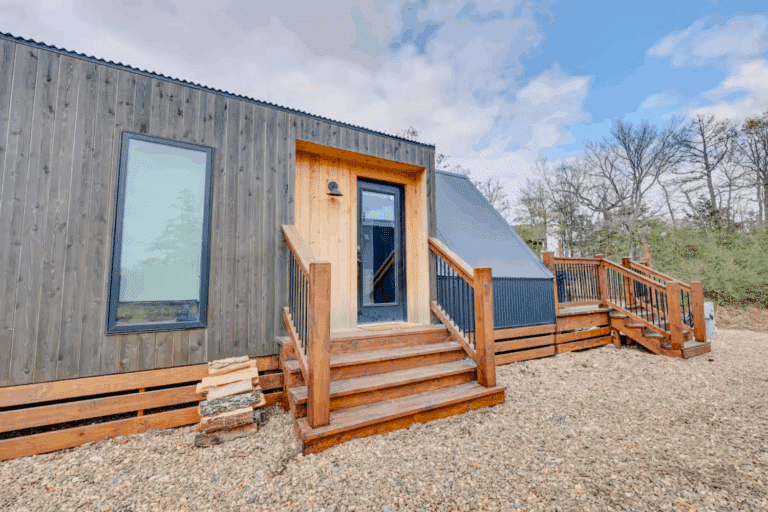 A frame park model tiny home entry of trout Broken Bow Oklahoma