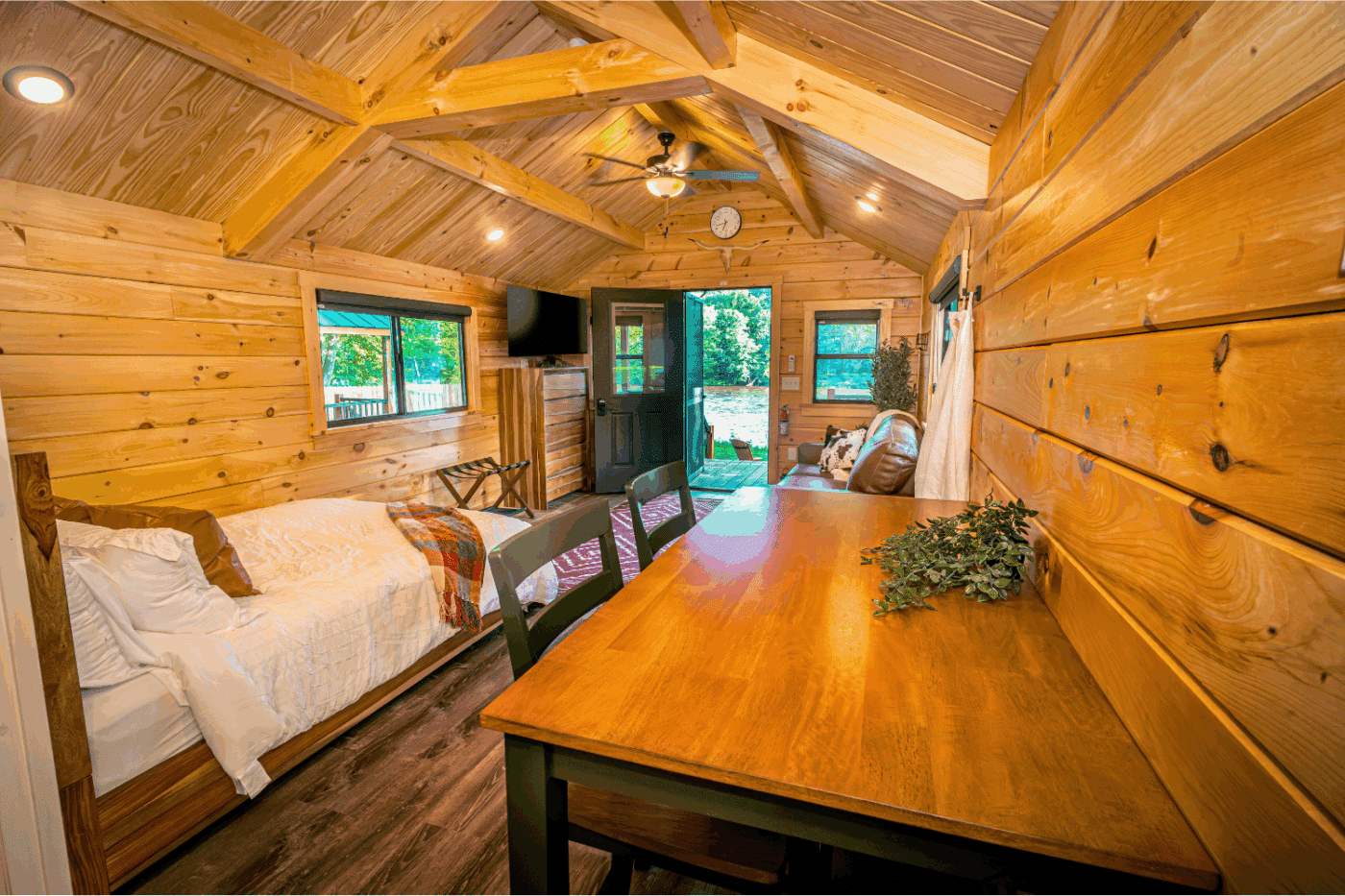 common area of log studio park model tiny home cabin 4
