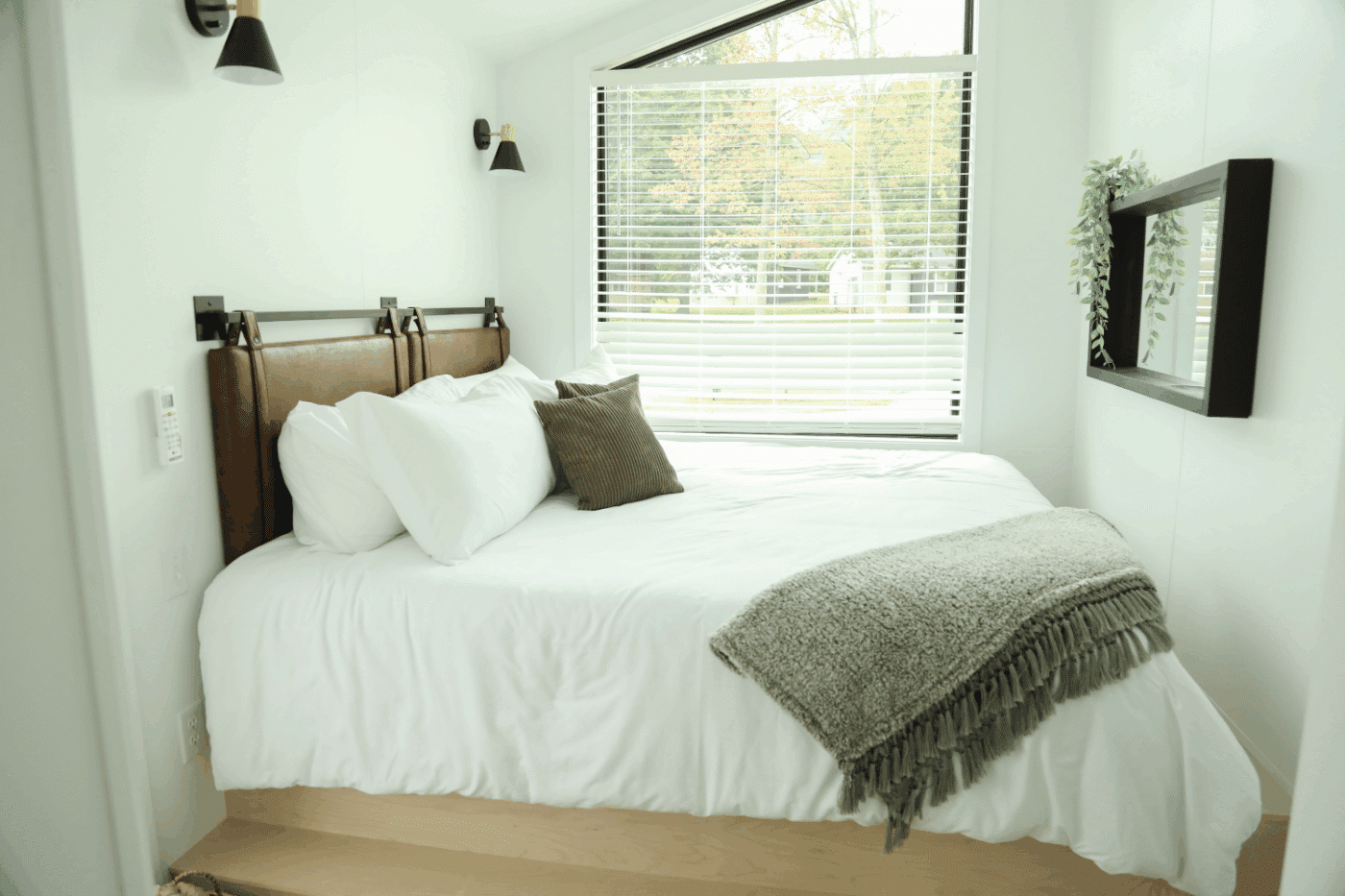 Bedroom of A frame Park Model Tiny Home at Hartman Center PA in Milroy PA