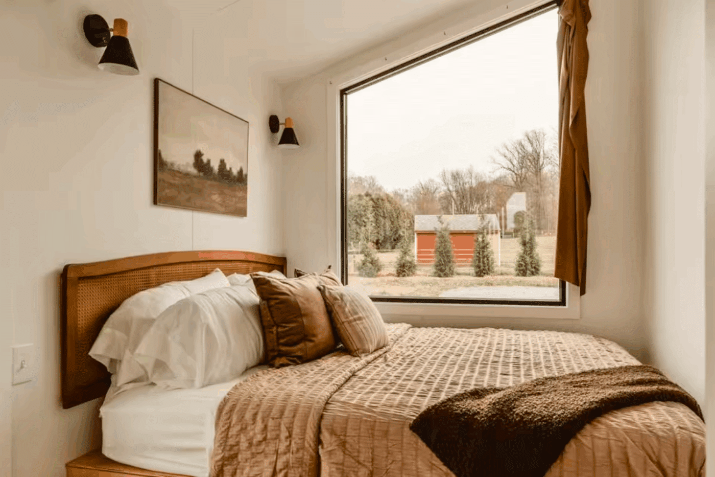 Bedroom of A frame park model tiny home in Gap pa built and designed by Psy Homes