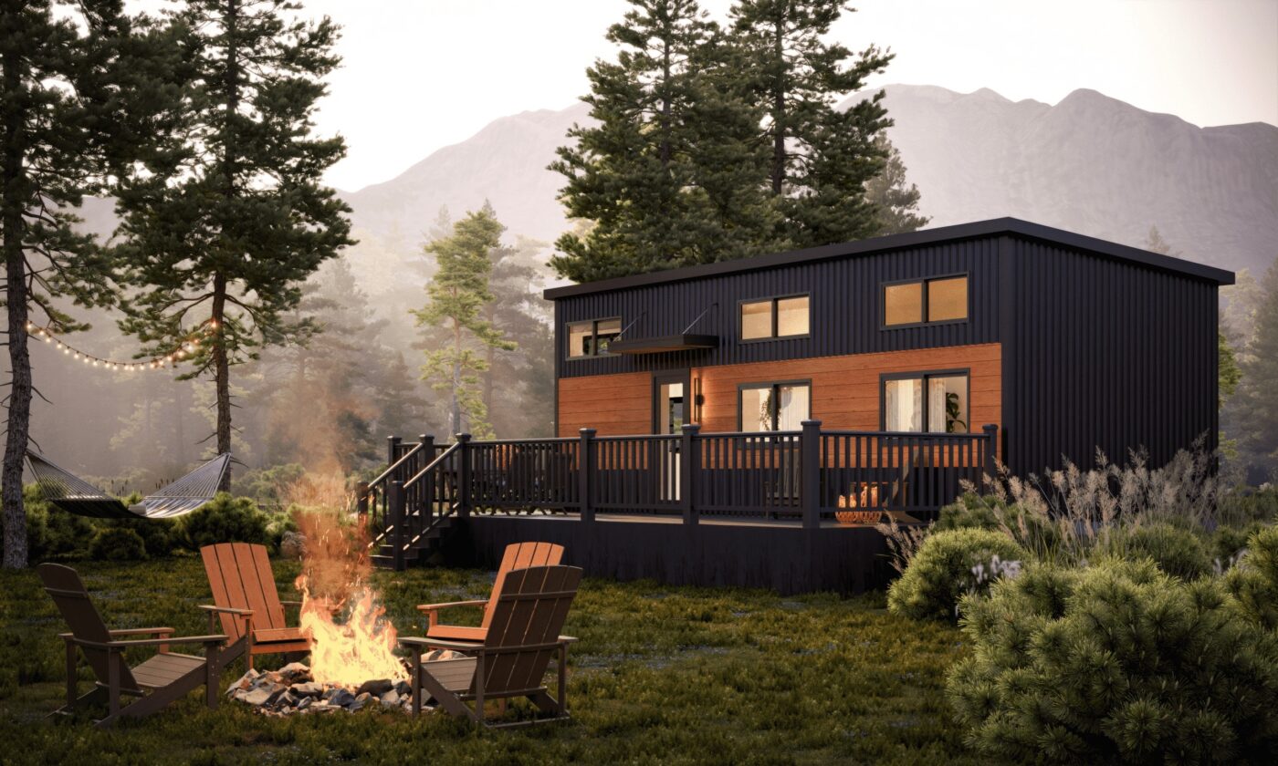 Cascade modern park model tiny home with fire pit, outdoor chairs, and hammock in a wooded mountain area.