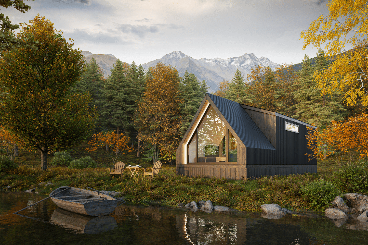 A Frame Bunk House with illuminated peak