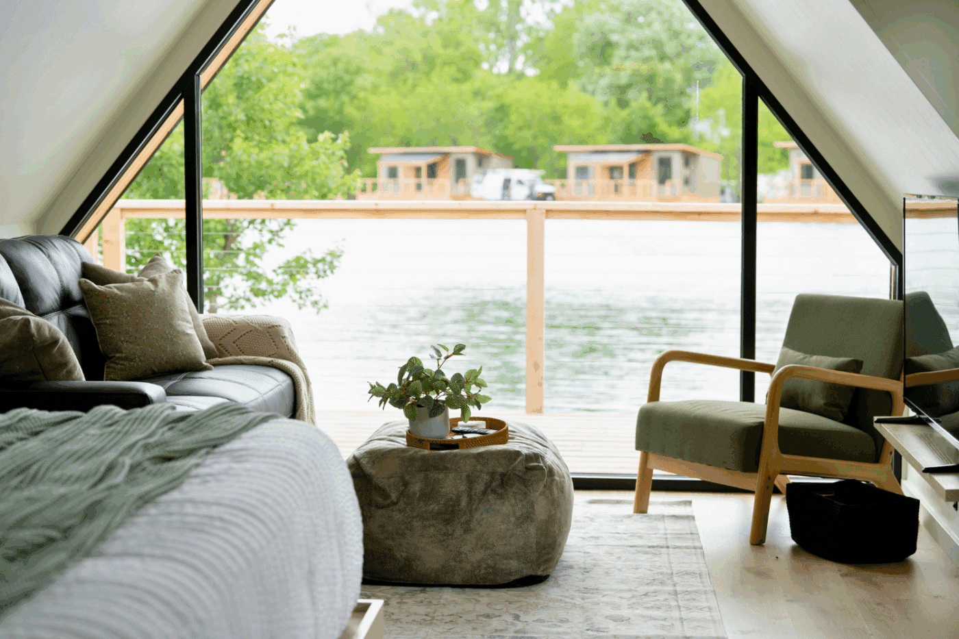 Livingroom of A frame park model tiny home in Psy Homes