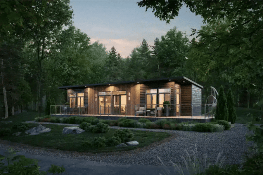 wooden Sonoma ADU with front porch in the Washington State woods