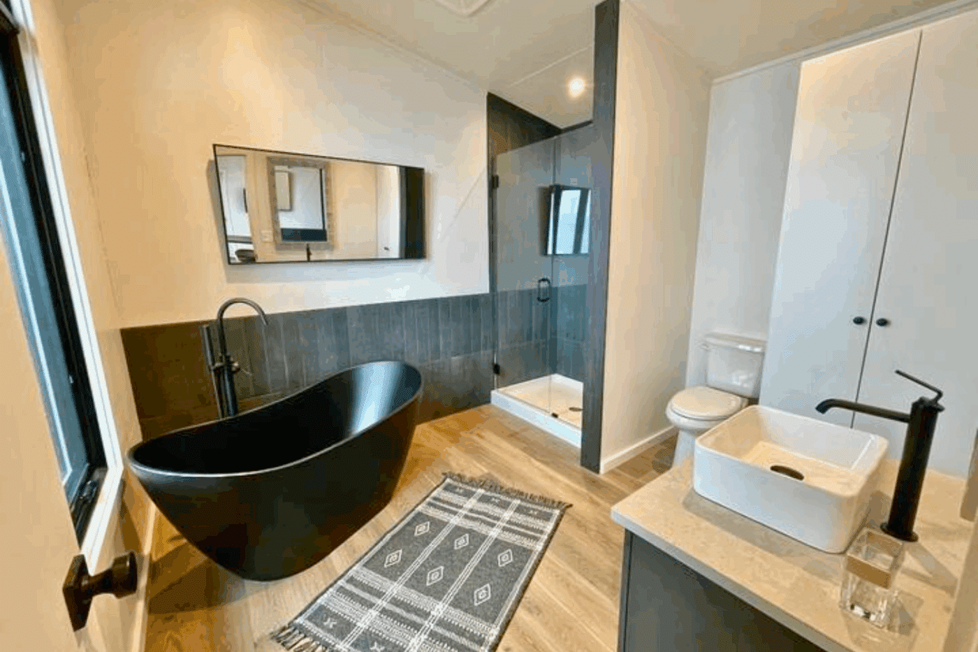 Luxury bathroom of Alpine park model tiny home in Newberry Michigan