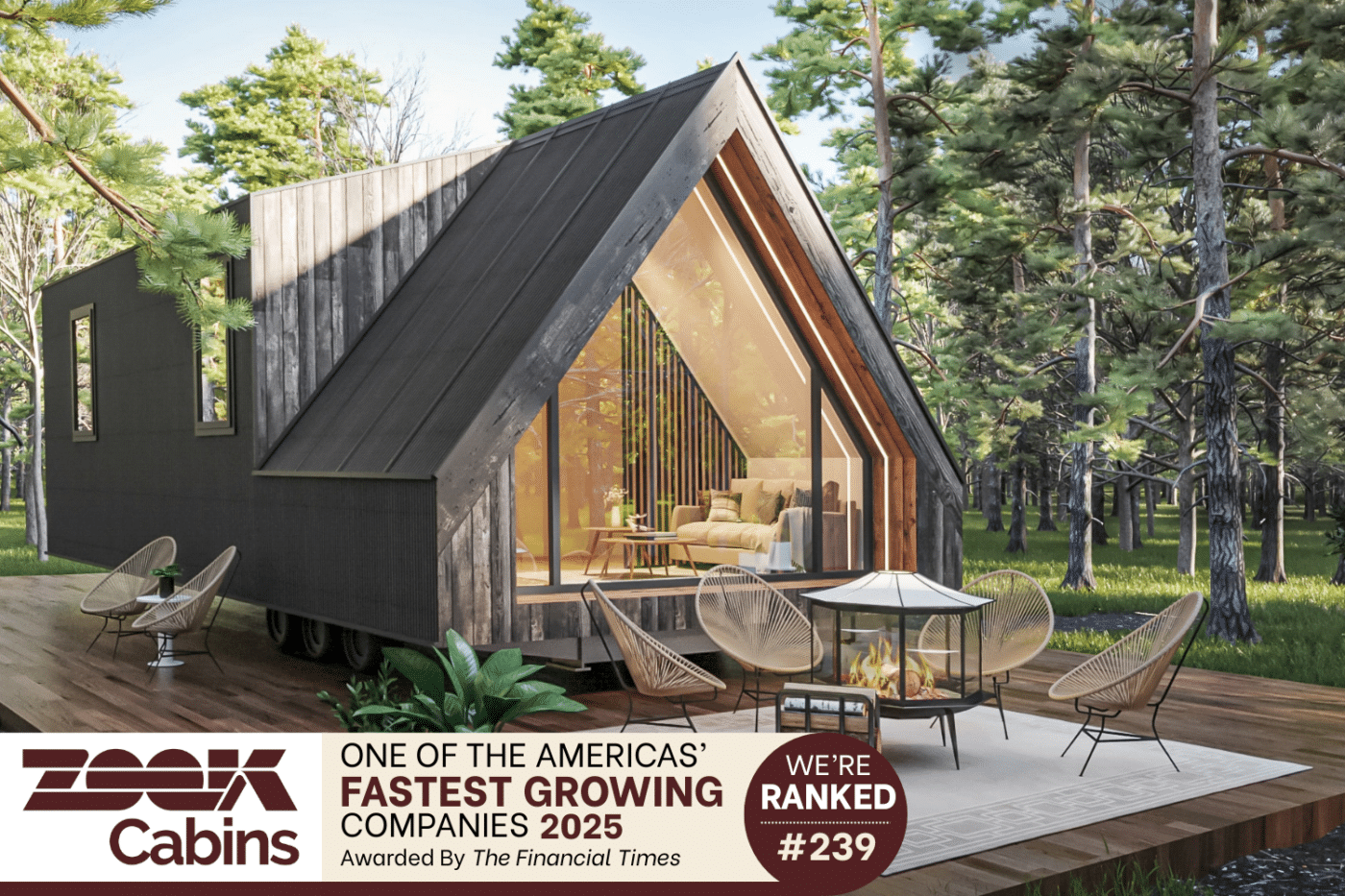 A-Frame Park Model in forest with banner that states: Psy Homes Names to 2025 Financial Times List. Psy Homes was ranked at #239