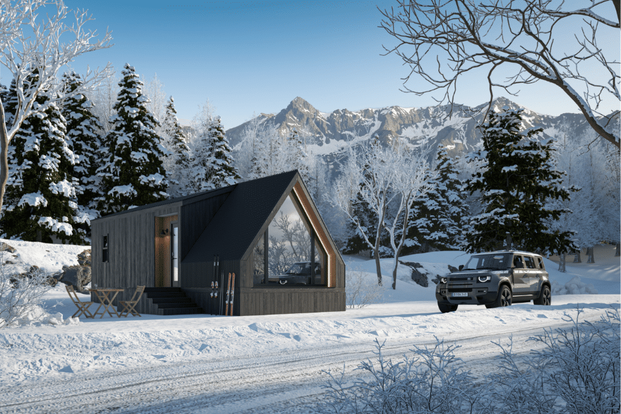 A frame bunkhouse park model in snow during Minnesota winter